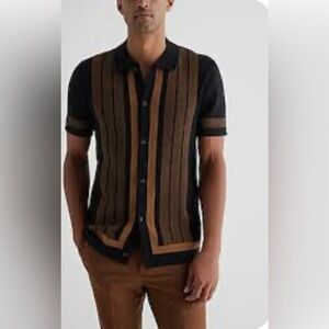 Express Stripe Framed Cotton Knit Short Sleeve Sweater Polo Black/Brown Size LT
